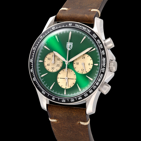 MT&W Racing Green Vintage Chronograph Watch with Unique Patina
