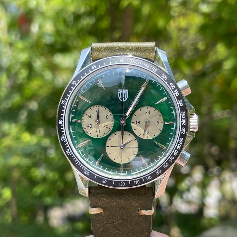 MT&W Racing Green Vintage Chronograph Watch with Unique Patina